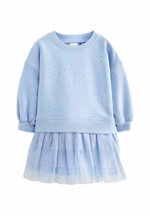 Lichtblauwe sweatshirt met lange mouwen met kleine ster- en stippendetails, gecombineerd met een bijpassende gelaagde tule rok.