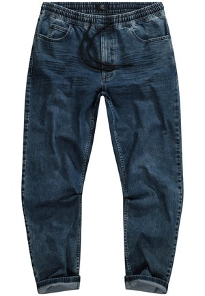 Jeans joggerbukser i mørkeblå, med elastisk talje med snor, sidelommer og oprullede manchetter. Glat tekstur.