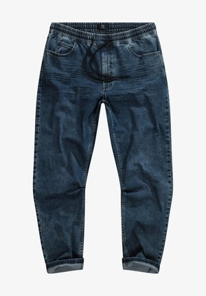 Pantalons jogger en denim bleu foncé, avec une taille élastique et un cordon de serrage, des poches latérales et des ourlets roulés. Texture lisse.