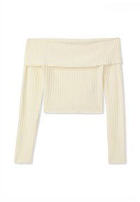 Top a spalle scoperte, con maniche lunghe in tessuto a costine, di colore crema con una morbida texture, caratterizzato da un ampio scollo pieghettato e un design cropped.