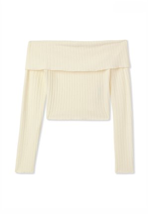 Top a spalle scoperte, con maniche lunghe in tessuto a costine, di colore crema con una morbida texture, caratterizzato da un ampio scollo pieghettato e un design cropped.