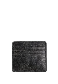 Tarjetero de cuero negro con textura agrietada, que cuenta con cuatro ranuras para tarjetas y un diseño de bordes redondeados. Estilo minimalista.