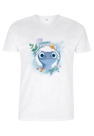 Biała bawełniana koszulka z okrągłym nadrukiem niebieskiej kreskówkowej żaby otoczonej kolorowymi liśćmi i akcentami kwiatowymi.