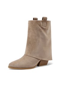 Stivale alla caviglia in suede beige con punta affusolata, tacco basso a blocco e design avvolgente. Presenta linguette laterali per un'indossabilità facile.