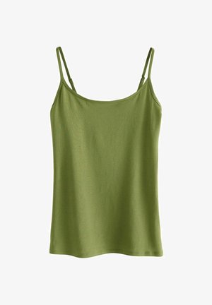 Olijfgroene cami-top gemaakt van zachte stof, met dunne verstelbare bandjes en een ronde halslijn zonder patronen of versieringen.