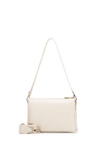 Obdélníková krémová kožená kabelka s hladkou texturou, vybavená zipovým uzávěrem a odnímatelným, nastavitelným popruhem. Zlaté kovové detaily.