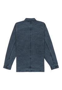 Dark blue, textured jacket with a pointed collar, long sleeves, and button cuffs. Features a straight back seam and minimalist design.