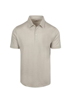 Lichtbeige poloshirt met korte mouwen, twee witte knopen en een kraag, afgebeeld op een witte achtergrond.