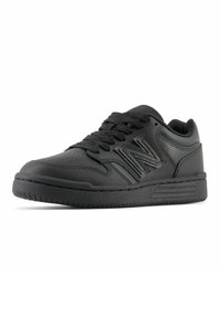 Schwarzer Sportschuh aus synthetischem Material, mit runder Zehenform, strukturiertem Außensohle, Schnürdesign und geprägtem Logodetail.