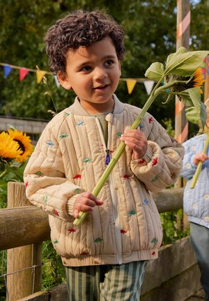Nuori lapsi pitelee auringonkukkaa, pukeutuneena beigeen takkiin, jossa on värikkäitä dinosauruskuvioita, seisoo ulkona lähellä puisia aitoja ja juhlatunnelmaa luovia viirejä.