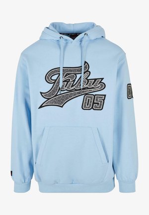 Hanorac bleu deschis din bumbac, cu un logo negru pe piept și o buzunară în față. Mansetele și tivul sunt ribbate.