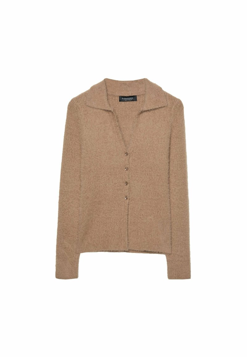 Beige gerippter Cardigan mit einem Kragen, Knopfleiste und weichem Material. Besitzt einen geraden Schnitt und einen leicht verkürzten Saum.