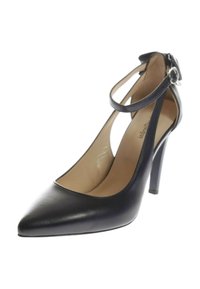 Black leather high-heeled pump with a pointed toe, ankle strap, and a smooth finish. Features a slender heel for an elegant silhouette.
