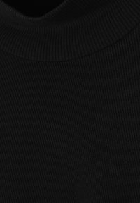 Črna rebrasta turtleneck majica, ki ima prilegajoč dizajn z gladko teksturo. Ovratnik je zložen in prilen.