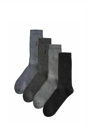 Vier Paare gerippte Socken in dunklen Farbtönen: marineblau, grau, mittelgrau und schwarz. Das Material scheint weich mit einer texturierten Oberfläche zu sein.