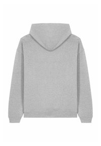 Felpa grigia con tasca a marsupio frontale, polsini e orlo a costine. Presenta un cappuccio con coulisse e una texture liscia e morbida.