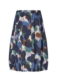 Gonna al ginocchio con elastico in vita e fondo, caratterizzata da un motivo a macchie astratte nei colori blu navy, verde, marrone e bianco.