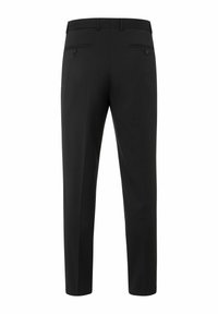 Zwarte op maat gemaakte pantalon met een recht gesneden pijp, voorzien van twee achterzakken en een subtiele middelste vouw. Glad materiaal met een strakke uitstraling.