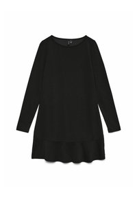 Vestido negro de manga larga hecho de una tela suave, con un escote redondo y un dobladillo ligeramente acampanado, todo con una textura suave.