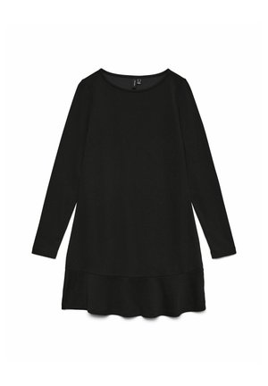 Abito lungo nero a maniche lunghe realizzato in tessuto morbido, presenta un collo rotondo e un orlo leggermente svasato con una texture liscia in tutto l'abito.