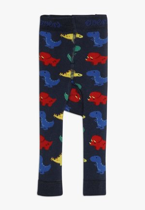 Leggings mit Dinosaurier-Muster in Blau und Rot auf navy Hintergrund, mit einem strukturierten Taillengummi, der grüne und gelbe Akzente aufweist.