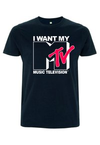 Black cotton t-shirt featuring bold white and pink graphic text: "I WANT MY MTV MUSIC TELEVISION" with a rectangular logo.