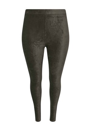 Mørkegrønne leggings lavet af blødt, struktureret stof. Tætsiddende design med en glat talje. Ingen synlige mønstre eller accenter.