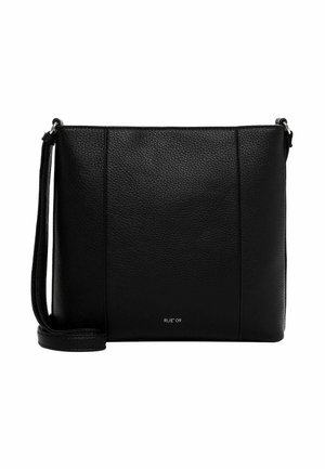 Black leather crossbody bag with textured surface, rectangular shape, adjustable strap, and a subtle logo at the bottom. Simple and functional design.