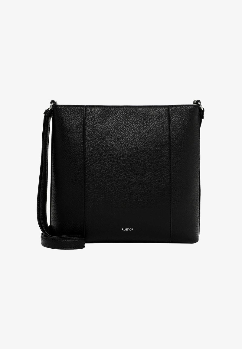 Borsa crossbody in pelle nera con superficie texture, forma rettangolare, tracolla regolabile e un logo discreto in basso. Design semplice e funzionale.