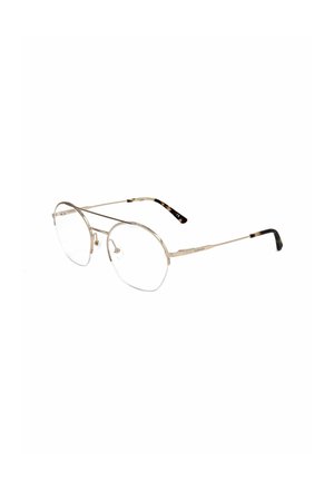 Occhiali in metallo oro chiaro con sottili montature geometriche e terminali delle aste con motivo tartarugato su sfondo bianco.