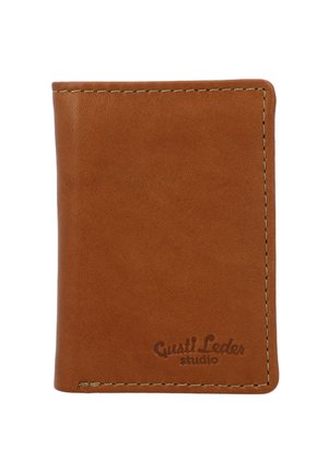 Brown leather wallet with smooth texture, stitched edges, and embossed logo. Compact rectangular shape, suited for cards or small items.