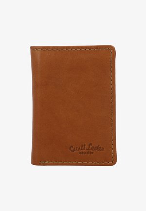 Brown leather wallet with smooth texture, stitched edges, and embossed logo. Compact rectangular shape, suited for cards or small items.