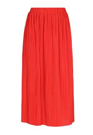 Punane plisseeritud midi-seelik elastse vöökohtaga, millel on sile tekstuur ja ühtlased vertikaalsed jooned kogu kangas.