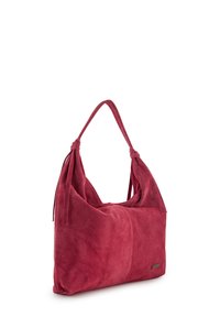 Rote Wildleder-Schultertasche mit weicher Textur, bietet ein lässiges Design und gebundene Akzente an den Trägern, keine sichtbare Hardware.