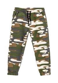 Groene en bruine camouflage jogger pants, gemengd katoen, elastische tailleband met trekkoord, taps toelopende benen, ribgebreide boorden, subtiele textuur.