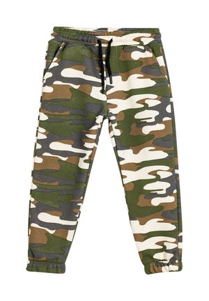 Grønne og brune camouflage joggerbukser, blanding af bomuld, elastisk talje med snor, tapered ben, ribbede manchetter, subtil tekstur.