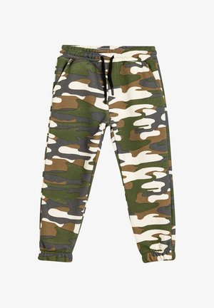 Vihreät ja ruskeat camouflage-housut, puuvillasekoitteesta, elastinen vyötärönyöri, kapenevat lahkeet, ribatut hihnat, hienovarainen tekstuuri.