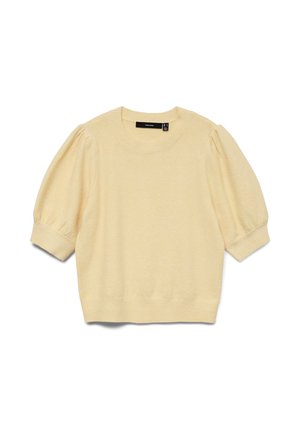 Jasnożółty sweter z krótkimi rękawami z bufkami oraz prążkowanymi ściągaczami na mankietach i dole, posiadający okrągły dekolt i czarną metkę marki wewnątrz.