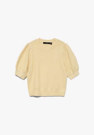 Jasnożółty sweter z krótkimi rękawami z bufkami oraz prążkowanymi ściągaczami na mankietach i dole, posiadający okrągły dekolt i czarną metkę marki wewnątrz.