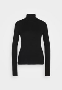 Maglione a collo alto nero a coste con maniche lunghe, forma aderente e design senza cuciture. Realizzato in un morbido materiale a maglia.