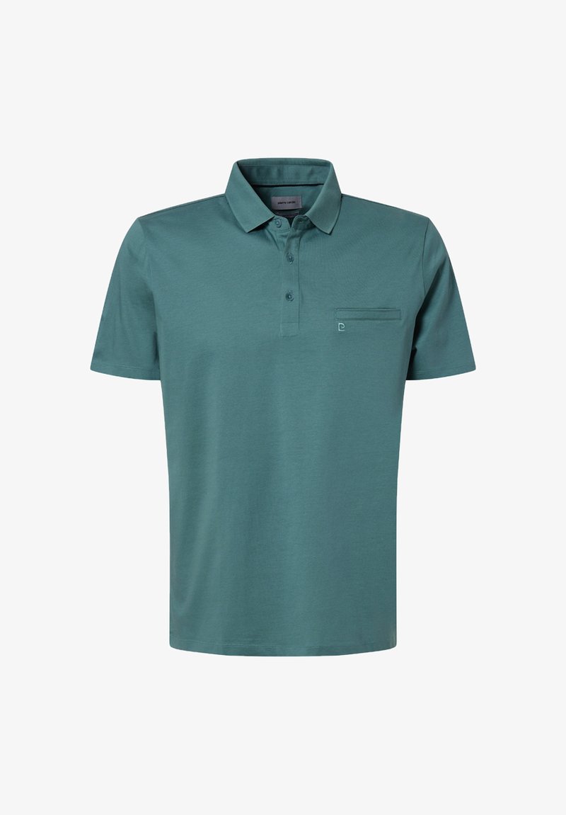 Tealfarbene Poloshirt aus Baumwolle, mit einem dreiknöpfigen Kragen, kurzen Ärmeln und einer Brusttasche mit einem dezenten Logoakzent.