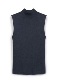 Maglione senza maniche a collo alto in morbido materiale a coste di un azul navy scuro, caratterizzato da un colletto alto e un taglio dritto, senza chiusure o motivi visibili.