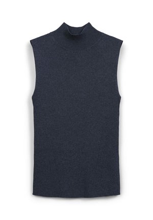 Maglione senza maniche a collo alto in morbido materiale a coste di un azul navy scuro, caratterizzato da un colletto alto e un taglio dritto, senza chiusure o motivi visibili.
