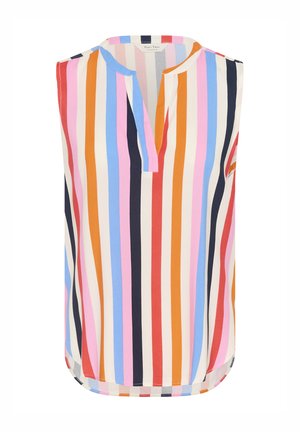 Sleeveless top with a V-neck, featuring vertical stripes in pink, blue, orange, red, and navy on a cream background. Smooth fabric texture.
