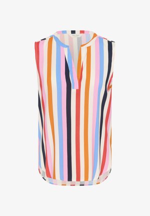 Sleeveless top with a V-neck, featuring vertical stripes in pink, blue, orange, red, and navy on a cream background. Smooth fabric texture.