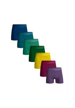 Set of seven boxer briefs in various colors: dark blue, teal, green, yellow, and purple. Soft material with a branded elastic waistband.