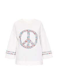 Vit sweatshirt med en blommig fredssymbol-design på framsidan, med trekvartsärmar och blommiga detaljer på manschetterna.
