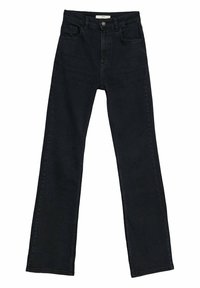 Jeans en denim noir avec une coupe droite, cinq poches, une fermeture à boutons sur le devant et des détails de couture minimalistes.