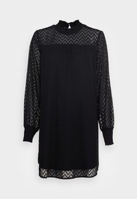 Robe mini noire à manches longues avec tissu transparent à chevrons, col montant smocké et poignets élastiqués, dotée d'une fermeture au dos avec bouton et ouverture en forme de goutte.