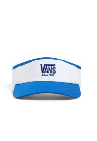 Gorra visera blanca y azul con un ala curvada y logo. "VANS" está bordado en azul en la parte frontal, con "Desde 1966" debajo.
